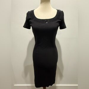 St. John Black Dress with Embellished Neckline - Wool/Rayon